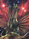  alien dragon epic g.n.a. godzilla_(series) gold_skin hydra kaijuu king_ghidorah looking_up multiple_heads no_humans planet roaring space stars tail wings 