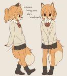  anthro black_eyes black_nose canine clothed clothing dialogue english_text female fluffy fluffy_tail footwear fox fur hair kemono leaning leaning_back legwear looking_at_viewer mammal open_mouth orange_fur orange_hair ponytail s1120411 school_uniform shoes simple_background skirt smile socks solo sweater text uniform 