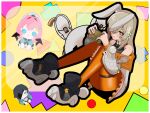  1girl animal_ears controller fate_trigger:_the_novita game_console game_controller gamecube gamecube_controller gamepad hair_ornament hair_over_one_eye hairpin hands_up high_up highres holding kira_(trigger_of_fate_the_novita) long_hair looking_at_viewer multiple_girls nase_(trigger_of_fate_the_novita) nintendo_64 nintendo_64_controller open_mouth orange_eyes rabbit_ears red_eyes super_famicom_gamepad white_hair xiva_(trigger_of_fate_the_novita) 
