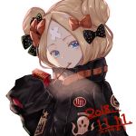  abigail_williams_(fate/grand_order) bangs black_bow black_jacket blonde_hair blue_eyes blush bow commentary_request dated fate/grand_order fate_(series) food food_in_mouth hair_bow hair_bun head_tilt heroic_spirit_traveling_outfit jacket long_hair long_sleeves looking_at_viewer mouth_hold natsujiru orange_bow parted_bangs parted_lips pocky pocky_day polka_dot polka_dot_bow sleeves_past_fingers sleeves_past_wrists solo star transparent_background upper_body upper_teeth 