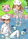  1girl aether_foundation_employee aether_foundation_uniform bending_forward boots brown_hair bucket commentary_request elbow_gloves gen_1_pokemon gen_6_pokemon gloves grass green_eyes jigglypuff long_hair looking_at_another pokemon pokemon_(anime) pokemon_(creature) pokemon_sm_(anime) rikovui river sitting uniform white_footwear white_gloves wishiwashi 