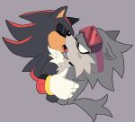 anthro black_body black_fur blush blush_lines bodily_fluids canid canine canis cheek_tuft chest_tuft clothing duo eulipotyphlan eyes_closed eyewear facial_tuft french_kissing fuckwolfamy fur gloves goggles grey_background grey_body grey_fur handwear hedgehog holding_another inhibitor_ring kissing male male/male mammal open_mouth red_stripes sega shadow_the_hedgehog simple_background sonic_the_hedgehog_(series) stripes sweat sweatdrop tan_body tan_skin tuft wolf wolf_guy_(idw_sonic)