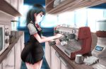  anomonny apron bangs black_hair black_skirt blue_eyes cafe coffee coffee_beans coffee_cup coffee_grinder coffee_machine coffee_maker_(object) countertop cup disposable_cup espresso milk oven pleated_skirt shirt skirt ssss.gridman takarada_rikka 