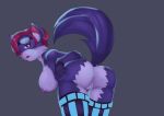  2018 anthro anus bent_over big_breasts blue_fur breasts canine eyewear female fennec fox fur goggles hair kimirasu mammal nipples open_mouth paladins pepper_(paladins) pink_hair presenting pussy raised_tail rear_view simple_background solo standing video_games 
