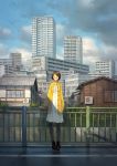  brown_hair building city cityscape day dress grey_legwear hair_ornament hairclip highres looking_at_viewer open_clothes original outdoors pantyhose railing short_hair solo standing tower white_dress yoshida_seiji 