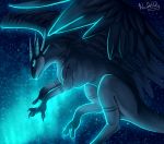  2018 absurd_res ambiguous_gender blue_eyes blue_theme claws digital_media_(artwork) dragon feathered_dragon feathers feral hi_res horn nashiholy solo 