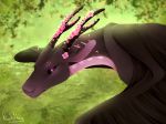  2018 absurd_res day detailed_background digital_media_(artwork) dragon female feral grass hi_res membranous_wings nashiholy outside pink_eyes scalie solo western_dragon wings 