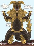  cloud fur gem giant_monster glowing glowing_eyes glyph godzilla_(series) kaijuu king_caesar lion looking_at_viewer mayan monarobot monster mural no_humans red_eyes tail 