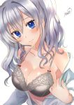  blue_eyes blush bra breasts cleavage collarbone commentary_request grey_bra kantai_collection kashima_(kantai_collection) large_breasts long_hair long_sleeves looking_at_viewer open_clothes open_shirt silver_hair simple_background solo underwear undressing upper_body white_background yumi_yumi 
