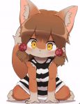  2018 2d_animation animated anthro black_nose blush brown_fur brown_hair canine clothed clothing cub dagasi female fox fur hair kemono kneeling looking_at_viewer mammal perro-kun simple_background solo white_background white_fur yellow_eyes young 