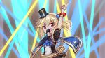  1girl :d arm_up asymmetrical_sleeves bangs black_hat black_jacket blonde_hair blue_cape blue_flower blush cape commentary_request eyebrows_visible_through_hair flower girls_frontline hair_between_eyes hair_flower hair_ornament hat head_tilt highres holding holding_microphone index_finger_raised jacket long_hair long_sleeves looking_at_viewer matsuo_(matuonoie) microphone mini_hat mini_top_hat nagant_revolver_(girls_frontline) open_mouth puffy_short_sleeves puffy_sleeves red_eyes short_sleeves sleeves_past_wrists smile solo star tilted_headwear top_hat upper_body 