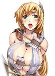  bare_shoulders bdsm blonde_hair blush bondage bound braid breast_bondage breasts bursting_breasts cleavage covered_nipples earrings green_eyes huge_breasts jewelry long_hair mature metadora open_mouth restrained single_braid solo sophitia_alexandra soulcalibur sword tears weapon whip_sword 
