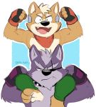  alexwolfy canine carrying clothed clothing flexing fox fox_mccloud male male/male mammal nintendo star_fox topless video_games wolf wolf_o&#039;donnell 