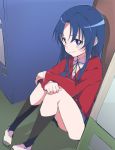  black_legwear black_ribbon blazer blue_hair blue_skirt full_body ixy jacket kawashima_ami kneehighs long_hair looking_at_viewer on_floor oohashi_high_school_uniform purple_eyes red_jacket ribbon school_uniform sitting skirt solo toradora! vending_machine 