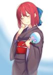  blue_bow blush bow brown_kimono closed_eyes fan goemon1110 gradient gradient_background hair_bow hand_on_own_cheek head_tilt highres holding holding_fan japanese_clothes kimono kohaku obi red_hair sash short_hair smile solo standing tsukihime yukata 