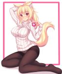  animal_ears arm_up blonde_hair blush breasts cat_ears cat_tail commentary crotch_seam english_commentary eyebrows_visible_through_hair fast-runner-2024 hair_bobbles hair_ornament highres large_breasts long_hair looking_at_viewer original panties panties_under_pantyhose pantyhose red_eyes ribbed_sweater simple_background slit_pupils solo sweater tail thighband_pantyhose tiffy turtleneck turtleneck_sweater tying_hair underwear white_background 