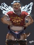  angel bakemonoy belly bulge clothing elliot gecko hylian_crest lizard male nintendo penis reptile scalie shirt slightly_chubby solo teeth the_legend_of_zelda triforce underwear video_games 