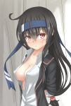  alternate_breast_size arms_behind_back black_hair black_legwear blazer blue_headband blush breasts cleavage commentary_request curtains eyebrows_visible_through_hair hair_between_eyes hatsushimo_(kantai_collection) highres jacket kantai_collection long_hair looking_at_viewer low-tied_long_hair medium_breasts no_bra nose_blush open_clothes remodel_(kantai_collection) solo umino_ht upper_body 