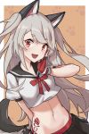  absurdres animal_ears azur_lane bangs commentary_request devil-dantake eyebrows_visible_through_hair fang fingerless_gloves gloves grey_hair hand_on_own_face highres long_hair looking_at_viewer midriff navel open_mouth pleated_skirt red_eyes school_uniform serafuku skirt smile solo tail tattoo two_side_up yuudachi_(azur_lane) 