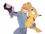  1other blonde_hair blue_bodysuit blue_eyes bodysuit company_connection cowboy_shot crossover gun high_ponytail metroid mushisotisis pikachu pokemon pokemon_(creature) ponytail power_suit samus_aran simple_background skin_tight super_smash_bros. weapon white_background zero_suit 