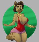  2018 anna_toussaint anthro big_breasts black_nose breasts brown_hair cleavage clothed clothing cross ear_piercing female hair hidden_(artist) hyena jewelry looking_at_viewer mammal mature_female necklace pearl_necklace pendant piercing shirt short_hair shorts smile solo spotted_hyena standing tank_top wide_hips 