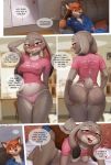  2018 anthro areola blush braless breasts butt camel_toe canine clothed clothing comic disney duo english_text erect_nipples female fox fur green_eyes grey_fur half-closed_eyes hanging_breasts judy_hopps lagomorph looking_at_viewer looking_back male male/female mammal nick_wilde nipple_bulge nipples nuzzo orange_fur panties purple_eyes rabbit saliva saliva_string speech_bubble text totesfleisch8 underwear zootopia 