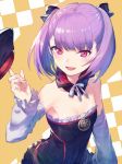  :d bangs black_bow black_dress blunt_bangs bow breasts choker cleavage collarbone detached_sleeves dress en@rain eyebrows_visible_through_hair fate/grand_order fate_(series) hair_bow helena_blavatsky_(fate/grand_order) highres index_finger_raised long_sleeves neck_ribbon open_mouth purple_hair red_eyes ribbon shiny shiny_hair short_dress short_hair sleeveless sleeveless_dress small_breasts smile solo standing strapless strapless_dress upper_body white_ribbon white_sleeves 