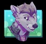  anthro cervine eyebrows fangs flannel_shirt fur hair kidcub looking_at_viewer male mammal signature simple_background tufted_deer venison_belevik 