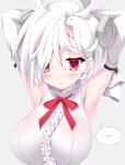  1girl ahoge armpits arms_up azur_lane bangs bare_shoulders blush bolt bow breasts center_frills closed_mouth commentary_request detached_sleeves eyebrows_visible_through_hair frills grey_background hair_between_eyes highres large_breasts long_sleeves looking_at_viewer red_bow red_eyes simple_background solo spoken_ellipsis taira_takehiro terror_(azur_lane) thought_bubble upper_body white_hair white_sleeves 