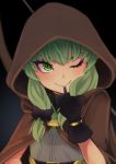  ;) atatatamu black_bow black_gloves blush bow bow_(weapon) cloak commentary_request elf eyelashes gloves goblin_slayer! green_eyes green_hair hair_bow high_elf_archer_(goblin_slayer!) hood hooded_cloak looking_at_viewer one_eye_closed pointy_ears smile solo weapon 