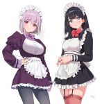  alternate_costume apron bangs black_dress black_hair blue_eyes blush bow bowtie breasts closed_mouth commentary_request dress enmaided framed_breasts frills garter_straps hand_on_hip juliet_sleeves large_breasts lavender_hair long_hair long_sleeves looking_at_viewer maid maid_headdress multiple_girls pantyhose puffy_sleeves purple_bow purple_dress red_bow red_eyes red_legwear shinjou_akane short_hair simple_background skindentation small_breasts smile ssss.gridman takarada_rikka thighhighs thighs underbust waist_apron white_background yang-do 