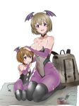  :d ariel_(kagemusha) backpack bag bags_under_eyes bare_shoulders breasts bridal_gauntlets brown_hair camilla_(kagemusha) cleavage collarbone commentary_request demon_girl demon_tail eyebrows_visible_through_hair fang gloves hair_between_eyes hand_on_another's_head head_wings highres kagemusha large_breasts looking_at_viewer mole mole_under_eye mother_and_daughter multiple_girls open_mouth original pantyhose poverty purple_eyes purple_gloves seiza short_hair simple_background sitting smile succubus tail thumb_sucking torn_clothes torn_gloves torn_legwear white_background 