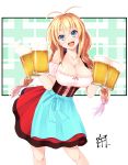  :d alcohol antenna_hair apron beer beer_mug blonde_hair blue_apron braid breasts cleavage commentary_request cup dirndl german_clothes green_eyes holding holding_cup large_breasts long_hair minase_nagi oktoberfest open_mouth smile solo tsurumaki_maki voiceroid waist_apron 