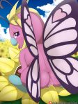  2018 absurd_res antennae blush butterfree buttershe cloud digital_media_(artwork) eyelashes fangs female flower grinding hi_res looking_pleasured nintendo open_mouth outside patreon pink_butterfree pink_eyes plant pok&eacute;mon pok&eacute;mon_(species) pussy pussy_juice sky solo sunflower tongue tongue_out url video_games wings winick-lim 