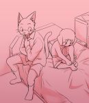  2016 age_difference anthro bed bedroom bernese_mountain_dog blush boxers_(clothing) briefcase canine cat child clothed clothing cub dog dress_shirt duo feline happy imminent_sex inside legwear looking_away looking_down male male/male mammal manizu manmosu_marimo monochrome on_bed open_mouth shirt sitting size_difference socks topless underwear undressing whiskers young 