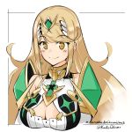  armor artist_request bangs blonde_hair breasts cleavage cleavage_cutout earrings gem headpiece highres hikari_(xenoblade_2) jewelry large_breasts long_hair oliver_koito solo swept_bangs tiara xenoblade_(series) xenoblade_2 yellow_eyes 