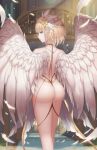 angel_wings ass blonde_hair earrings feathered_wings feathers grey_eyes hair_feathers hair_ornament indoors jewelry looking_to_the_side necklace original revealing_clothes rinmmo solo standing thighs white_feathers white_wings wings 