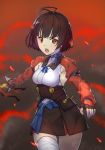  bandages bangs black_gloves black_ribbon black_skirt blue_ribbon brown_hair choker corset cowboy_shot fingerless_gloves gloves goemon1110 hair_ribbon japanese_clothes kimono koutetsujou_no_kabaneri long_sleeves looking_at_viewer miniskirt mumei_(kabaneri) open_mouth red_eyes red_sleeves ribbon ribbon_choker short_hair shrug_(clothing) skirt sleeveless sleeveless_kimono solo standing white_kimono 