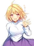  :d agekichi_(heart_shape) ahoge arcueid_brunestud arm_behind_back blonde_hair breasts eyebrows_visible_through_hair floating_hair hair_between_eyes large_breasts leaning_forward looking_at_viewer open_mouth purple_skirt red_eyes shirt short_hair simple_background sketch skirt smile solo standing tsukihime waving white_background white_shirt 