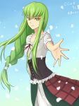  bangs braid braided_ponytail c.c. character_name code_geass collarbone corset eyebrows_visible_through_hair floating_hair green_hair hair_over_one_eye highres long_hair long_skirt looking_at_viewer neck_ribbon outstretched_arm parted_lips petals red_ribbon ribbon setu_kurokawa shiny shiny_hair shirt short_sleeves single_braid skirt solo standing very_long_hair white_shirt yellow_eyes 