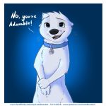  4_fingers blue_eyes collar fur letodoesart male mammal mustelid otter pebble_(letodoesart) simple_background solo standing text white_fur 