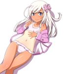  ahoge ass_visible_through_thighs bangs bikini bikini_under_clothes blue_eyes blush bow buttons clenched_hand closed_mouth collarbone commentary dutch_angle eyebrows_visible_through_hair feet_out_of_frame flat_chest frilled_bikini frills hair_bow hair_ornament hand_on_own_stomach hand_up hips jacket kantai_collection legs_together light_smile long_hair long_sleeves looking_at_viewer nanashino navel off_shoulder one-piece_tan open_clothes open_jacket pink_bow pink_jacket ro-500_(kantai_collection) shadow simple_background solo straight_hair swept_bangs swimsuit tan tanline thigh_gap white_background white_bikini white_bow white_hair 