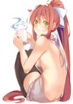  back backless_dress backless_outfit bare_back bare_shoulders black_legwear breasts brown_hair butt_crack commentary cup doki_doki_literature_club drawstring dress english_commentary eyebrows_visible_through_hair green_eyes hair_between_eyes hair_intakes hair_ribbon heart highres holding holding_cup long_hair looking_at_viewer looking_back medium_breasts meme_attire monika_(doki_doki_literature_club) naked_sweater ponytail ribbon sideboob simple_background sitting sleeveless sleeveless_turtleneck smile solo steam sweater sweater_dress thighhighs turtleneck very_long_hair virgin_killer_sweater white_background white_ribbon white_sweater xhunzei 