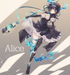  alice_(sinoalice) black_dress black_hair black_legwear breasts character_name cleavage dress elbow_gloves full_body gloves holding holding_staff looking_at_viewer medium_breasts puffy_short_sleeves puffy_sleeves red_eyes short_hair short_sleeves single_thighhigh sinoalice solo soramichi_megumu staff thighhighs 
