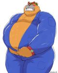  2018 anthro belly big_belly blush bulge bulldog canine clothed clothing coveralls digital_media_(artwork) dog dribble fur humanoid_hands invalid_color iwano kemono male mammal moobs navel nintendo overweight overweight_male simple_background solo standing sweat teeth thick_thighs tight_clothing tusks video_games warioware weight_gain いわの 