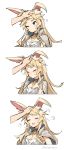  1other 3koma animal_ear_fluff animal_ears bangs blonde_hair blue_eyes blush bunny_ears bunny_girl cape collared_cape comic commentary_request doodle dragalia_lost eleonora_(dragalia_lost) gebyy-terar highres long_hair petting sidelocks smile solo_focus upper_body very_long_hair white_cape 