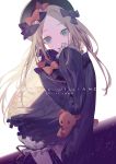  abigail_williams_(fate/grand_order) bangs black_bow black_dress black_hat blonde_hair blue_eyes bow character_name commentary_request dress empty_eyes fate/grand_order fate_(series) forehead hair_bow hat long_hair looking_at_viewer open_mouth orange_bow parted_bangs polka_dot polka_dot_bow ribbed_dress sleeves_past_fingers sleeves_past_wrists smile solo stuffed_animal stuffed_toy teddy_bear white_background white_bloomers yamakawa 