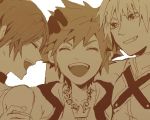  2boys closed_eyes commentary_request gloves jewelry kairi_(kingdom_hearts) kingdom_hearts kingdom_hearts_i multiple_boys necklace ramochi_(auti) riku short_hair smile sora_(kingdom_hearts) 