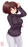  alternate_costume artist_logo black_sweater blush breast_hold breasts brown_eyes brown_hair commentary_request dated eyebrows_visible_through_hair hair_between_eyes hand_to_head highres ise_(kantai_collection) jewelry kanon_(kurogane_knights) kantai_collection large_breasts long_sleeves looking_at_viewer necklace open_mouth pants ponytail ribbed_sweater short_hair signature simple_background solo sweatdrop sweater turtleneck turtleneck_sweater white_background white_pants 