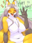  1girl borrowed_character breasts eyes_closed fox furry grey_hair happy_birthday kame_(3t) long_hair open_mouth smile solo 